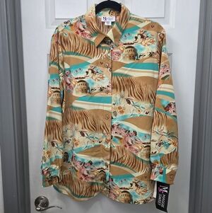 Artistic Cupid Romantic Vintage Beige and Teal Button Down Shirt 80s Western Lg